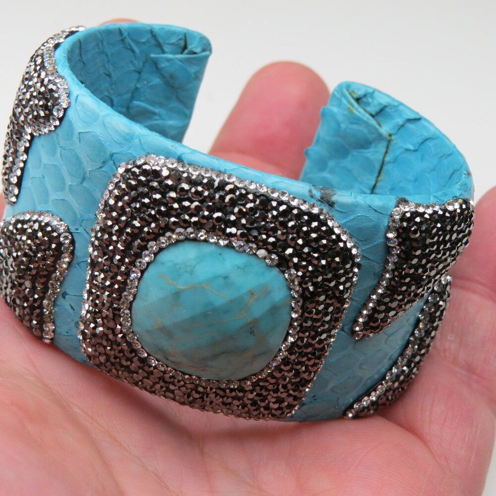 $400 Hematite Turquoise Leather Bangle Handcrafted Art Piece